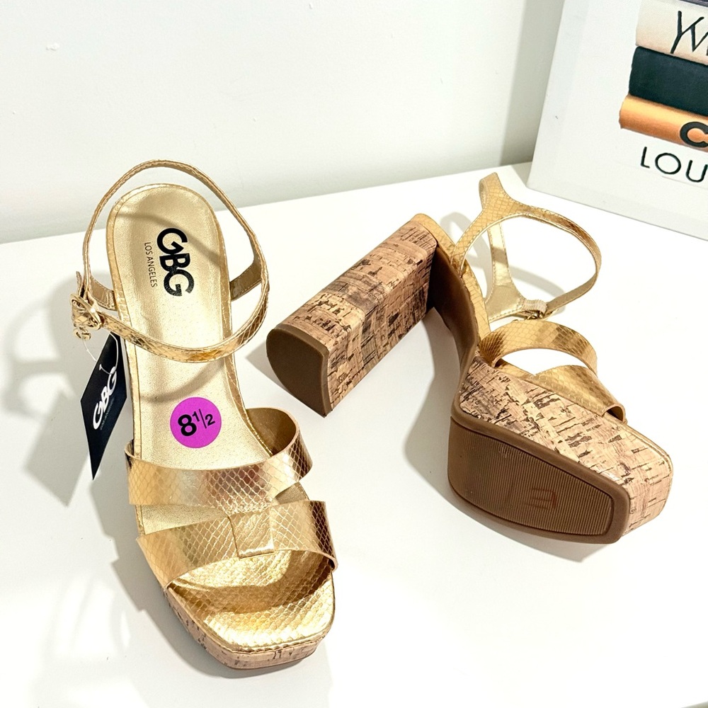 NWT | GBG Los Angeles Cork Platform Sandals - Gold Snake Print